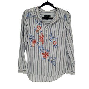 Karen kane womens small black blue white stripe embroidered pop over blouse